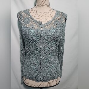 JS Collections Sparkly Blue Beaded Crochet Tank & Cardigan Set. Size Small.